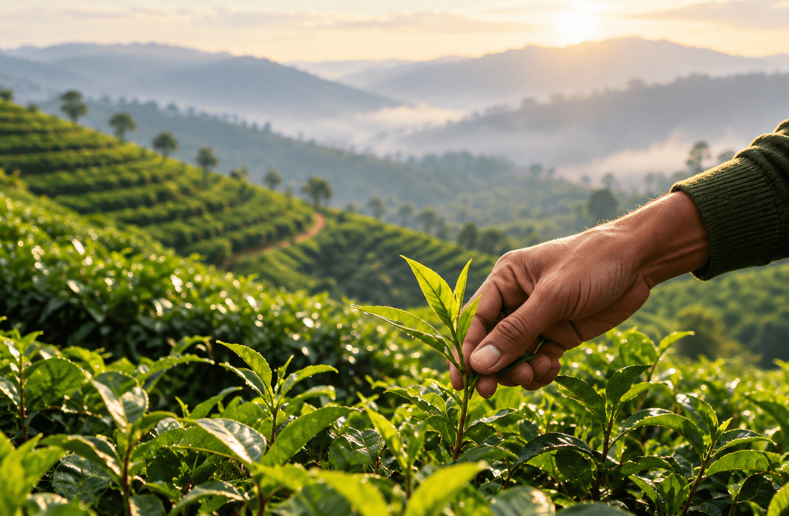 Carefully hand-plucking tea leaves in morning mist tea gardens