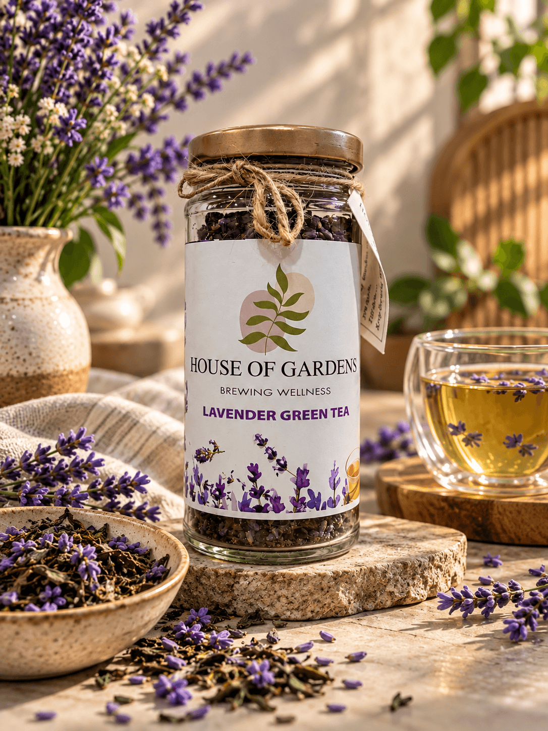 Lavender blossoms steeped with green tea